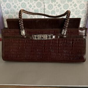 Dark Brown animal print leather shoulder bag silver‎ accents braided handles